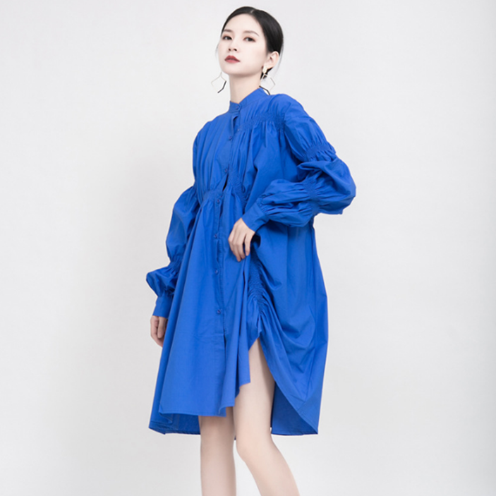 シャツワンピース 立体ギャザー袖のふんわりシャツワンピース