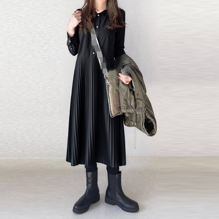 コットン混シャツワンピース レディース 長袖 ロング丈 プリーツスカート 秋新作