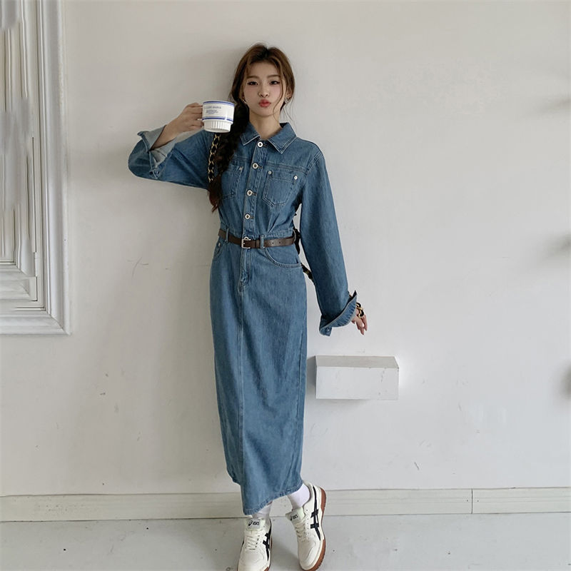 2024年新作 韓国風 長袖デニムシャツワンピース
