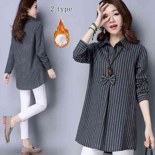 コットン混ストライプシャツワンピース長袖レディース