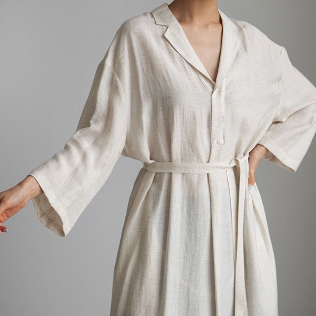 リネン長袖シャツワンピース ロング丈