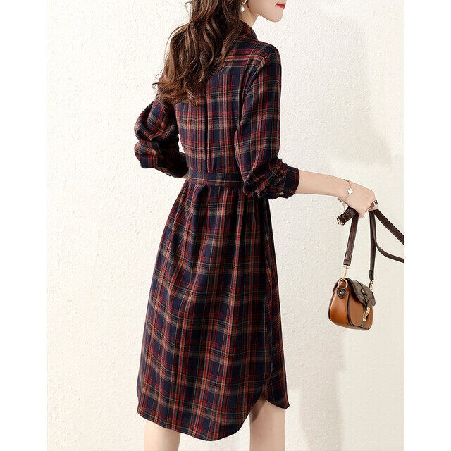 コーデュロイ チェック柄 シャツワンピース 長袖 ひざ丈