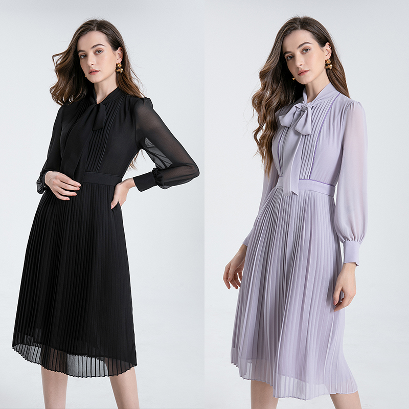 シャツワンピース 襟元リボン付きプリーツ切替シャツワンピース