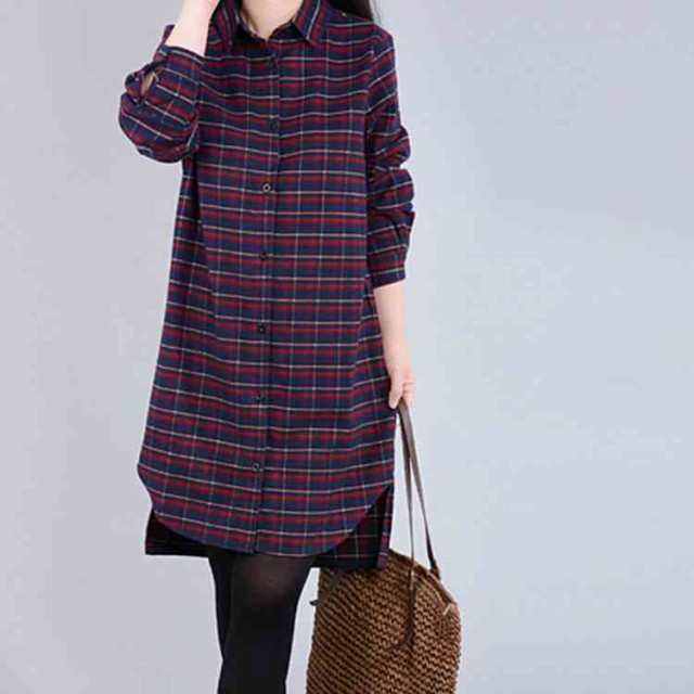 コットン チェック柄シャツワンピース 秋服 長袖