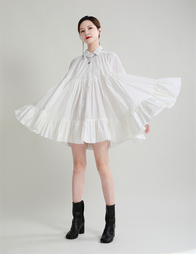 シャツワンピース ティアード裾フリル襟付きシャツワンピース