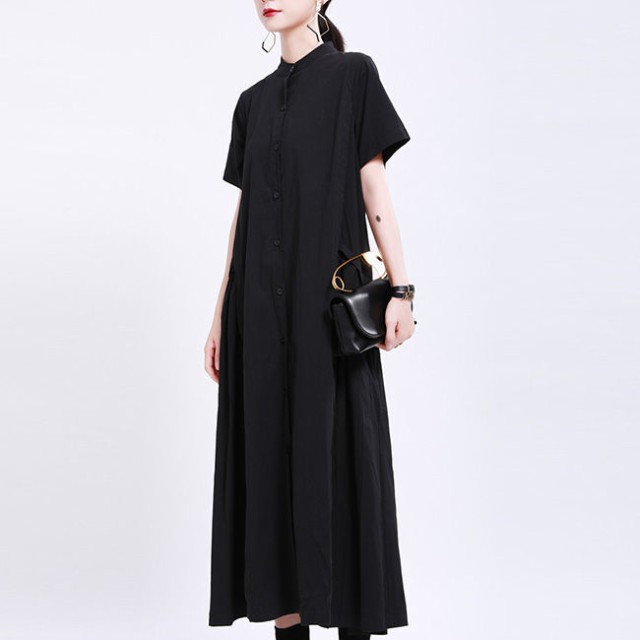 コットンシャツワンピース半袖ロング丈夏用