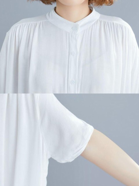 リネン素材 ボリューム袖シャツワンピース ロング丈