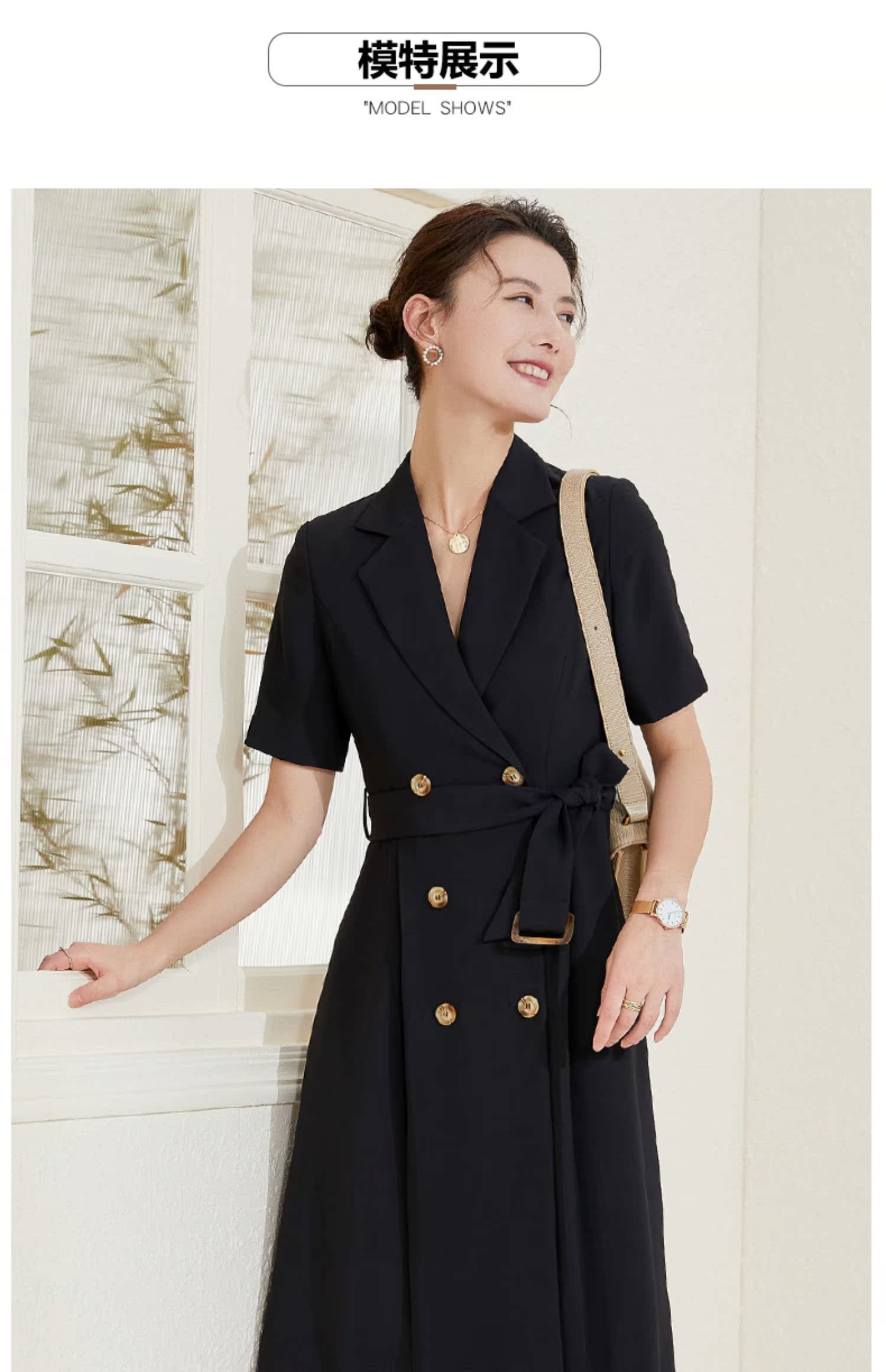 シャツワンピース テーラード襟ダブルボタン半袖ワンピース