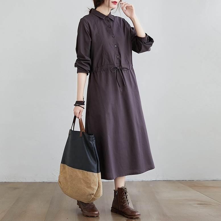 リネン風シャツワンピース長袖襟付きロング丈