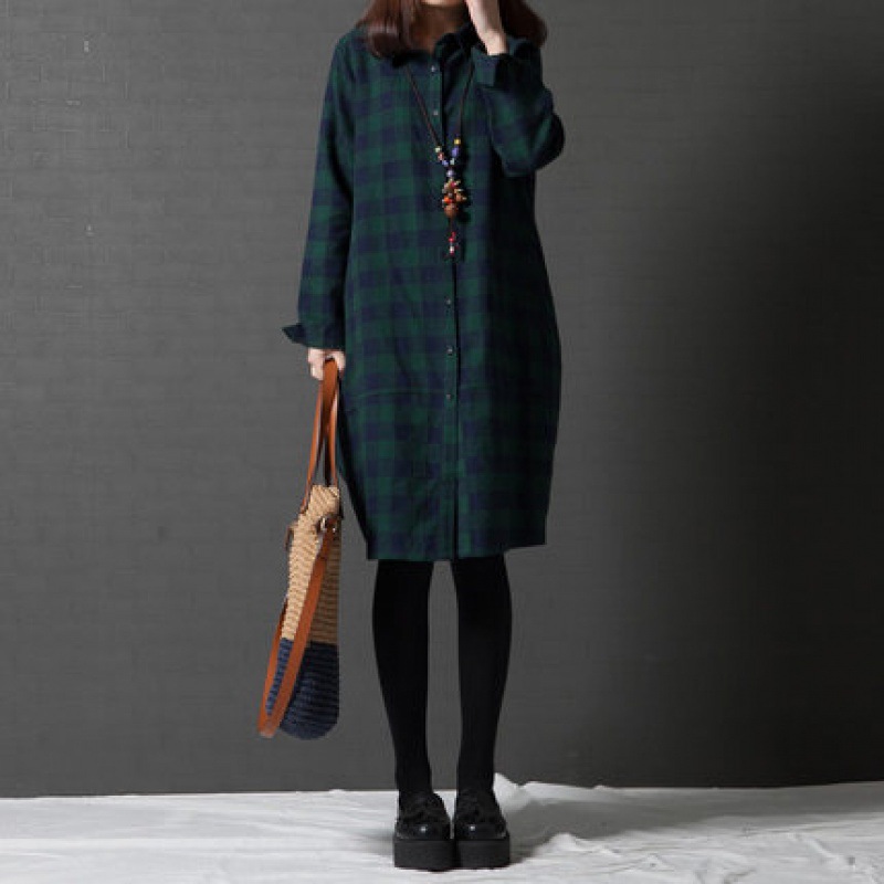 シャツワンピース 格子柄ゆったりシルエット長袖シャツワンピース