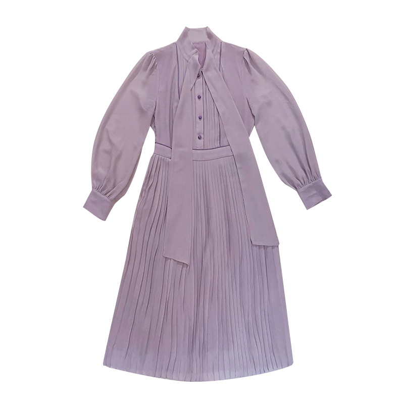 シャツワンピース 襟元リボン付きプリーツ切替シャツワンピース