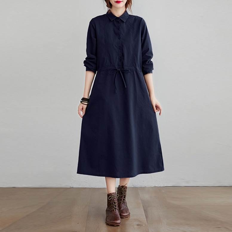 リネン風シャツワンピース長袖襟付きロング丈