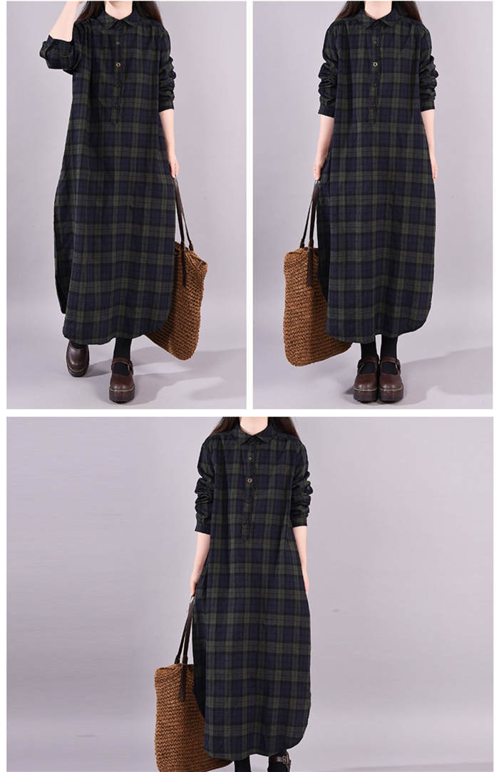 コットンチェック柄シャツワンピース長袖ロング丈