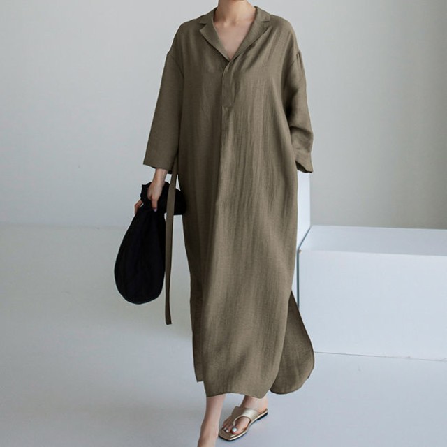 リネン長袖シャツワンピース ロング丈