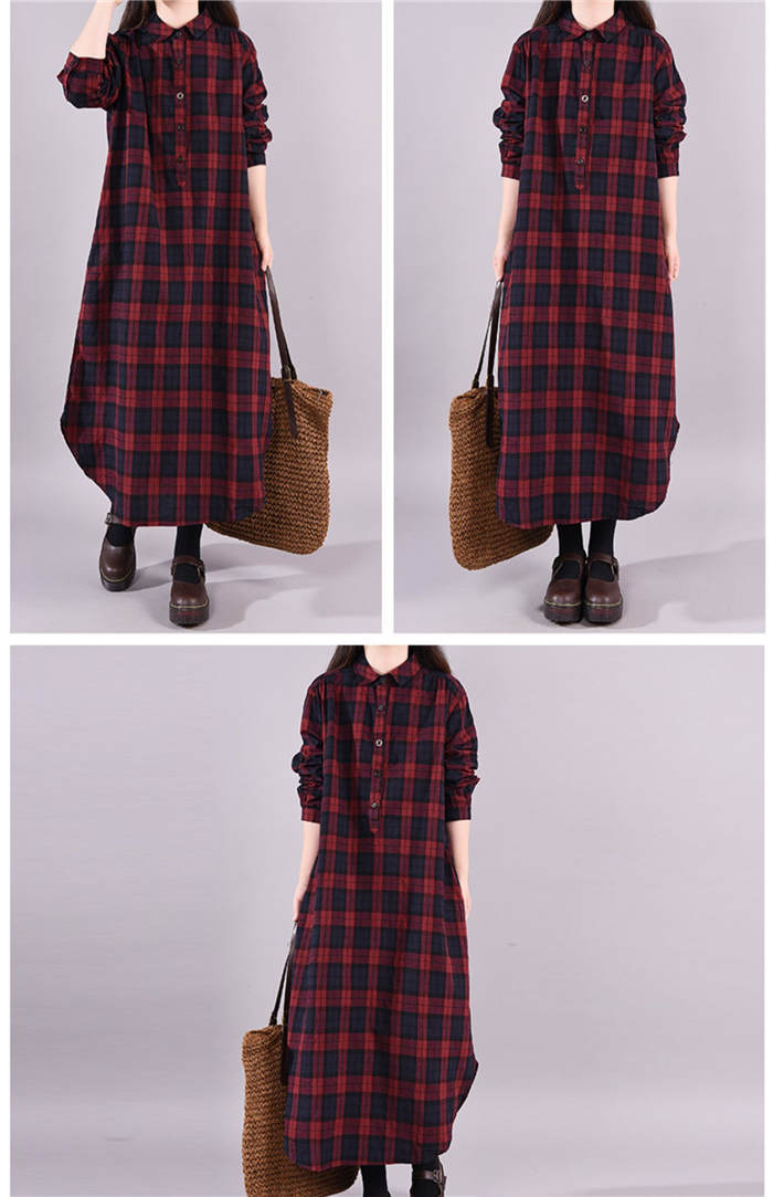コットンチェック柄シャツワンピース長袖ロング丈