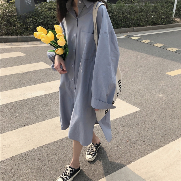 韓国風ゆったりシャツワンピース ラペル襟ミドル丈