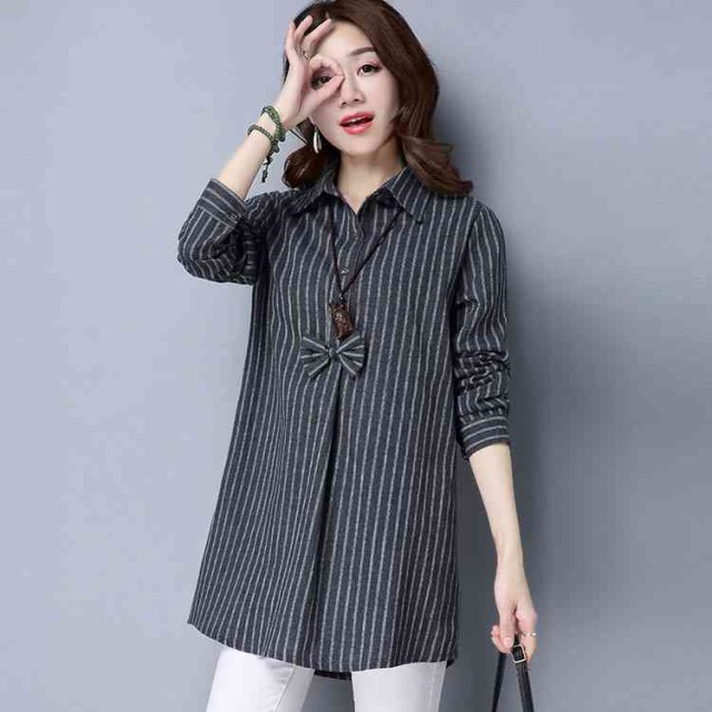 コットン混ストライプシャツワンピース長袖レディース