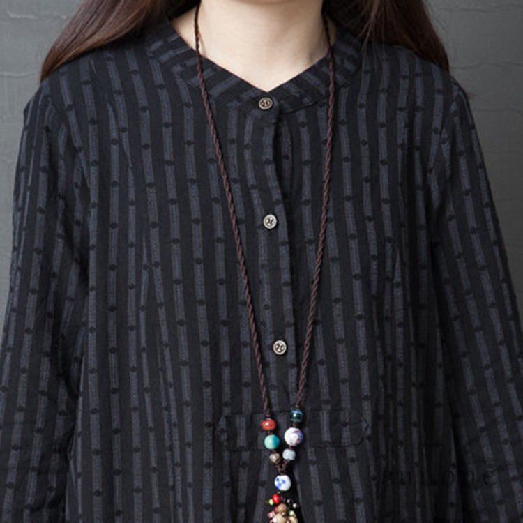 リネン縦縞シャツワンピース長袖ゆったり体型カバー