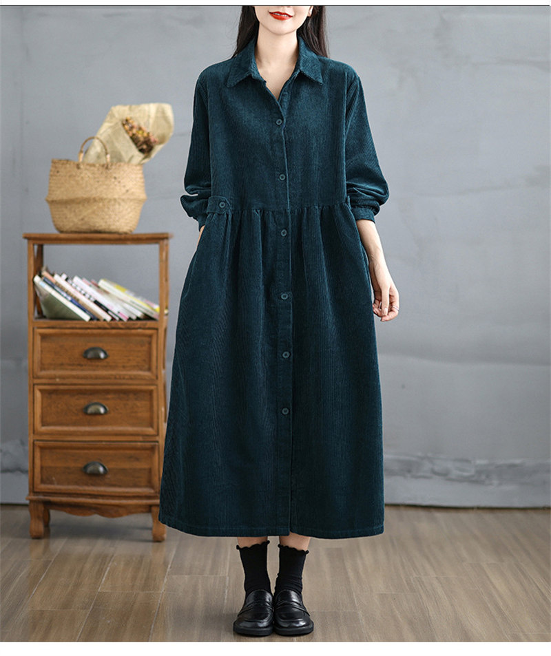 コーデュロイシャツワンピース長袖ロング丈秋冬