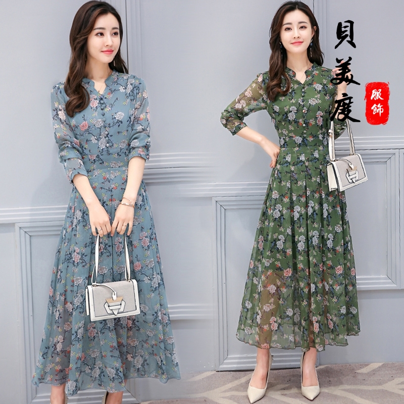 シャツワンピース 花柄シフォン長袖シャツワンピース