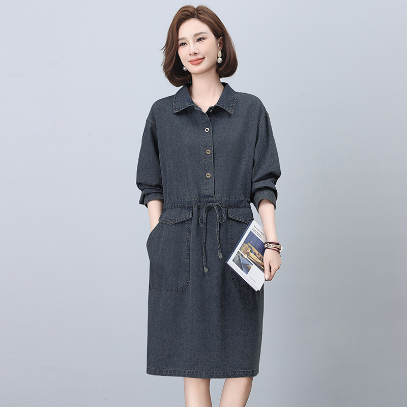 シャツワンピース ウエストリボン付きデニムシャツワンピース
