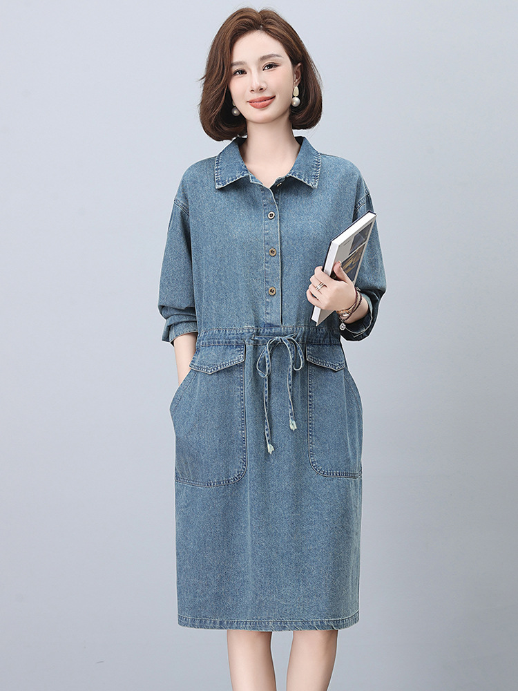 シャツワンピース ウエストリボン付きデニムシャツワンピース