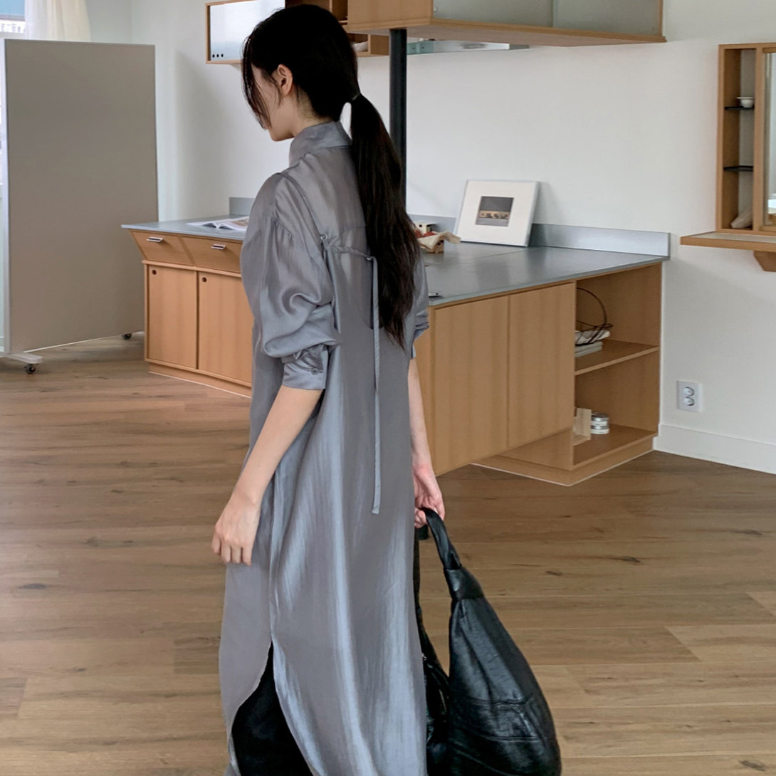 シャツワンピース韓国風おしゃれ重ね着風デザイン