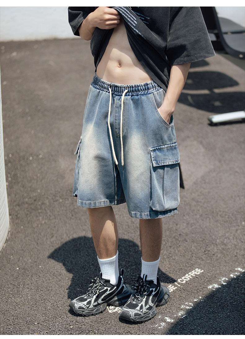 ショートパンツメンズデニム風カーゴポケット付き紐調節