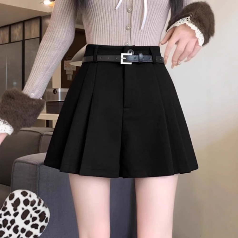 ショートパンツレディースベルト付きプリーツ風