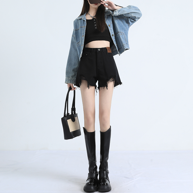 ショートパンツ 裾フリンジ加工デニムショートパンツ