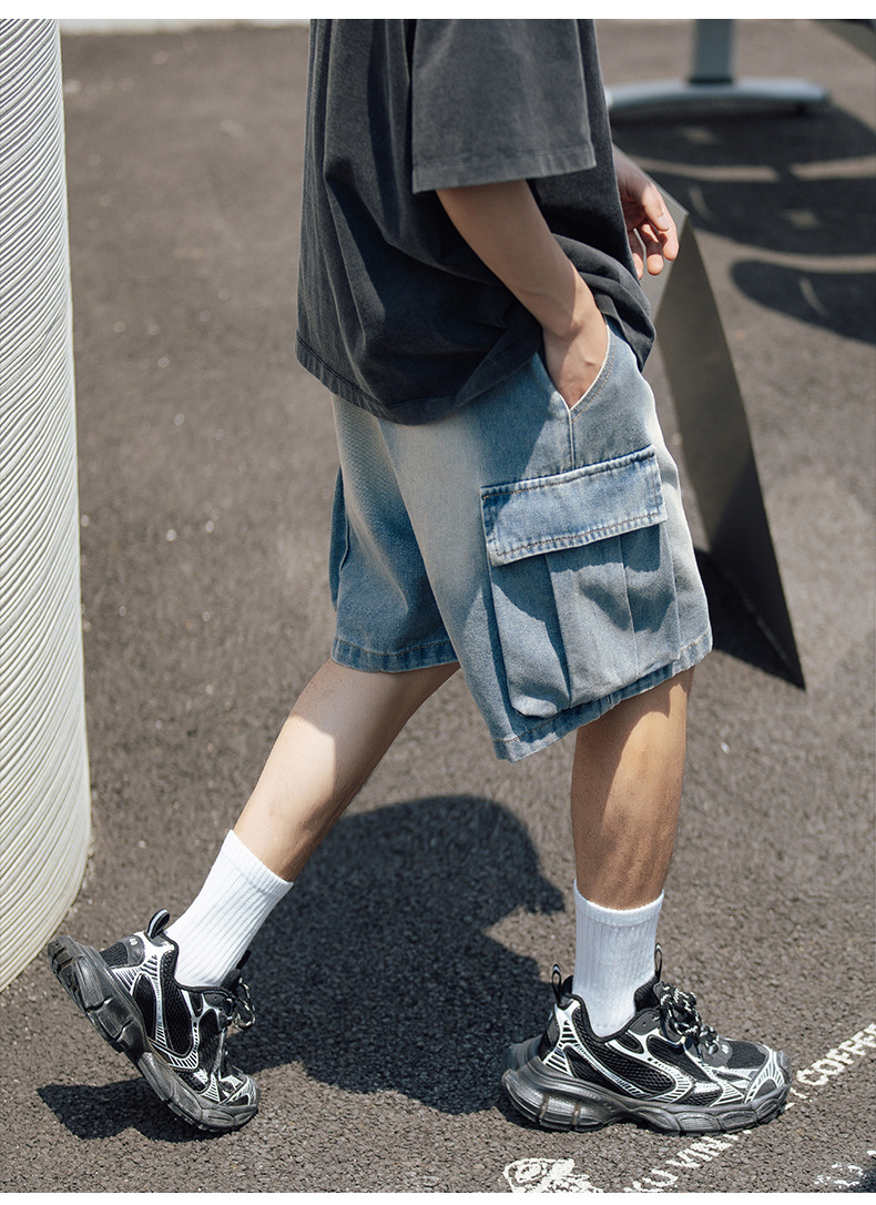 ショートパンツメンズデニム風カーゴポケット付き紐調節