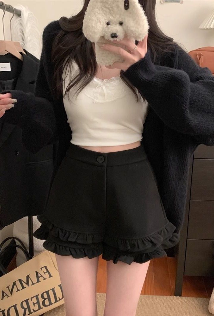 ショートパンツレディース裾フリルデザインハイウエスト