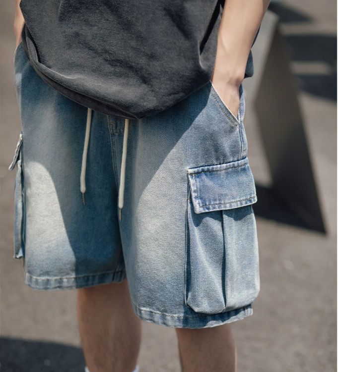 ショートパンツメンズデニム風カーゴポケット付き紐調節