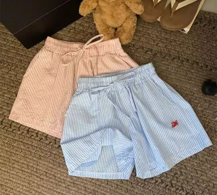 ショートパンツレディース縦縞柄刺繍入りゴム紐ウエスト