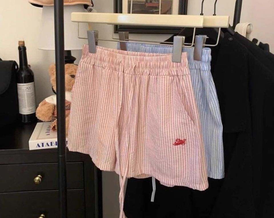 ショートパンツレディース縦縞柄刺繍入りゴム紐ウエスト
