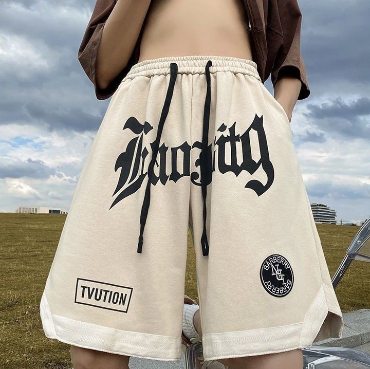 ショートパンツメンズ英字ロゴプリント裾折り返し