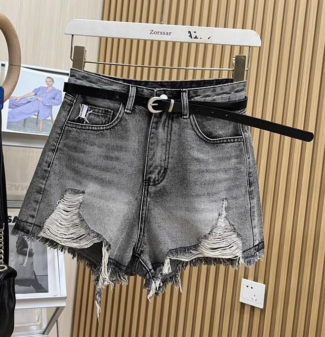 ショートパンツダメージ加工裾フリンジデニム