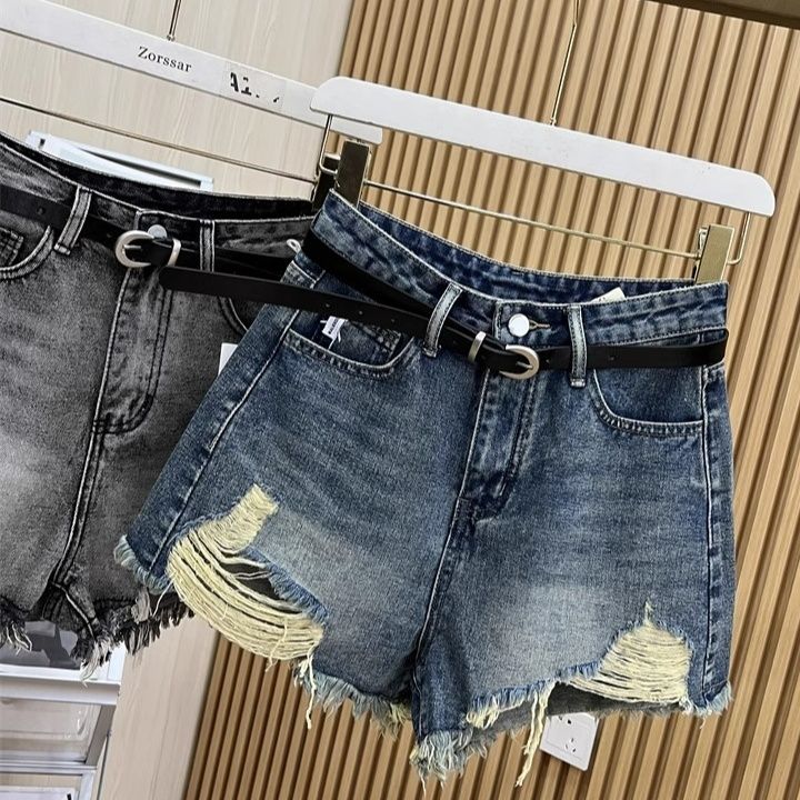 ショートパンツダメージ加工裾フリンジデニム