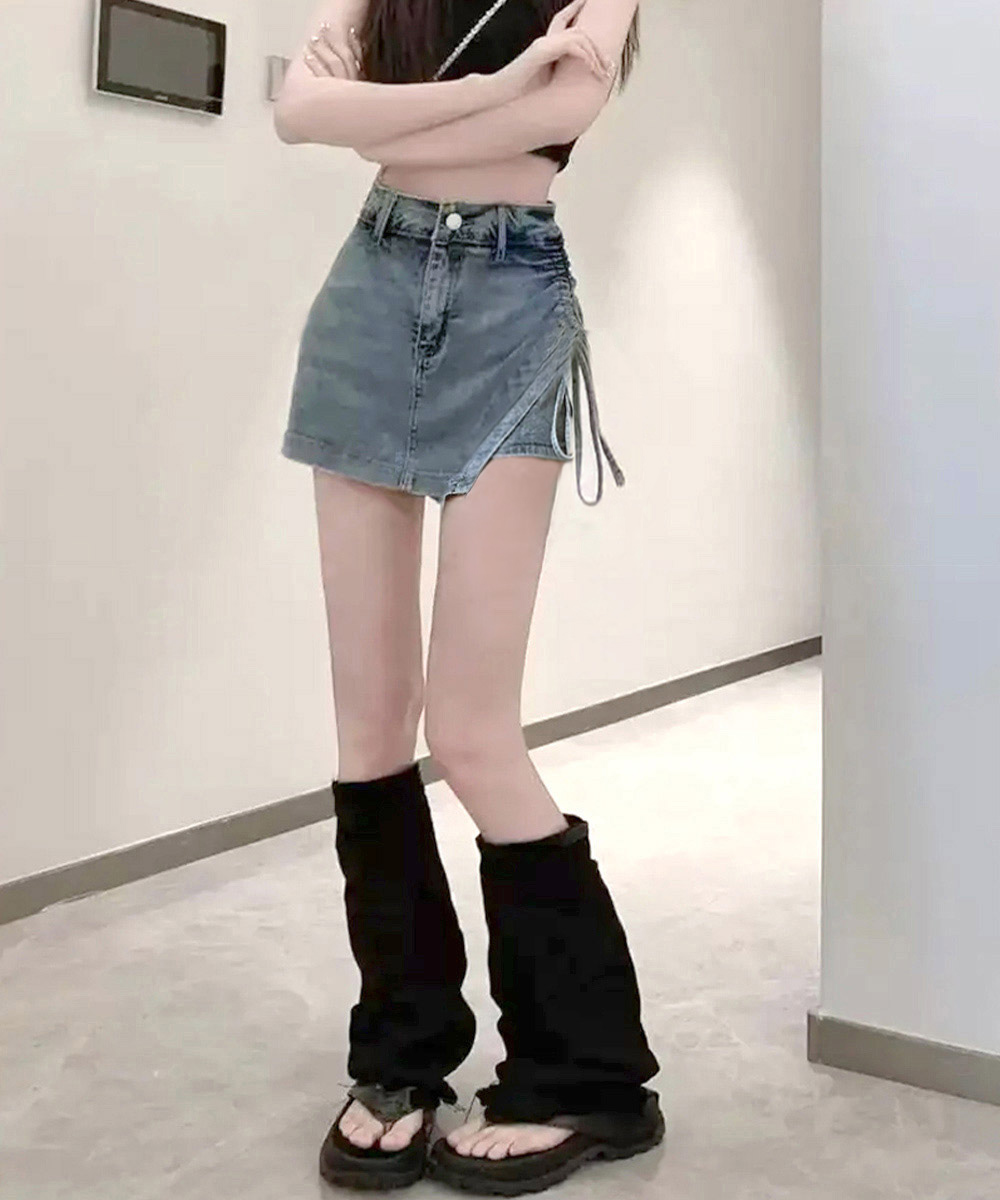 ショートパンツ レディース サイドリボン スカート風デニムショーパン