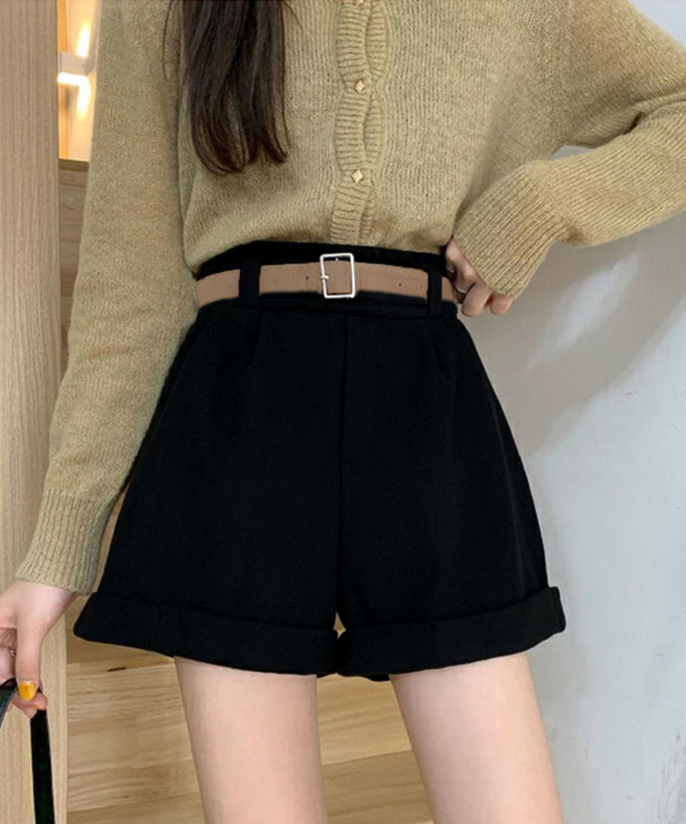 レディース ベルト付き コーデュロイ ショートパンツ 裏起毛