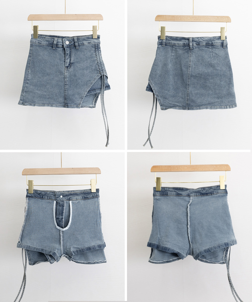 ショートパンツ レディース サイドリボン スカート風デニムショーパン