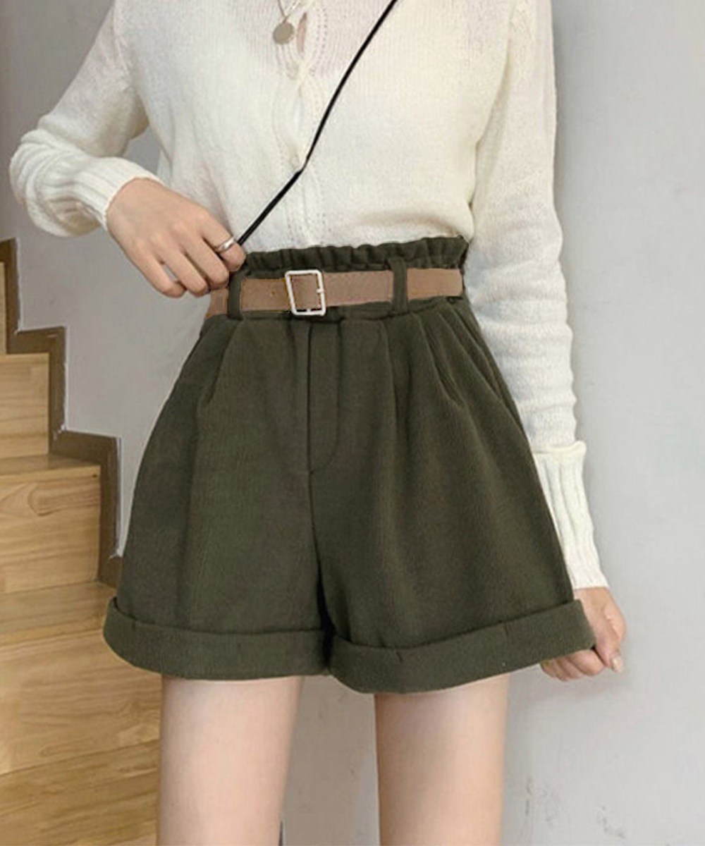 レディース ベルト付き コーデュロイ ショートパンツ 裏起毛