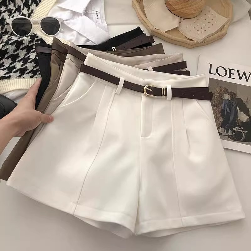 ショートパンツ ベルト付きタックショートパンツ
