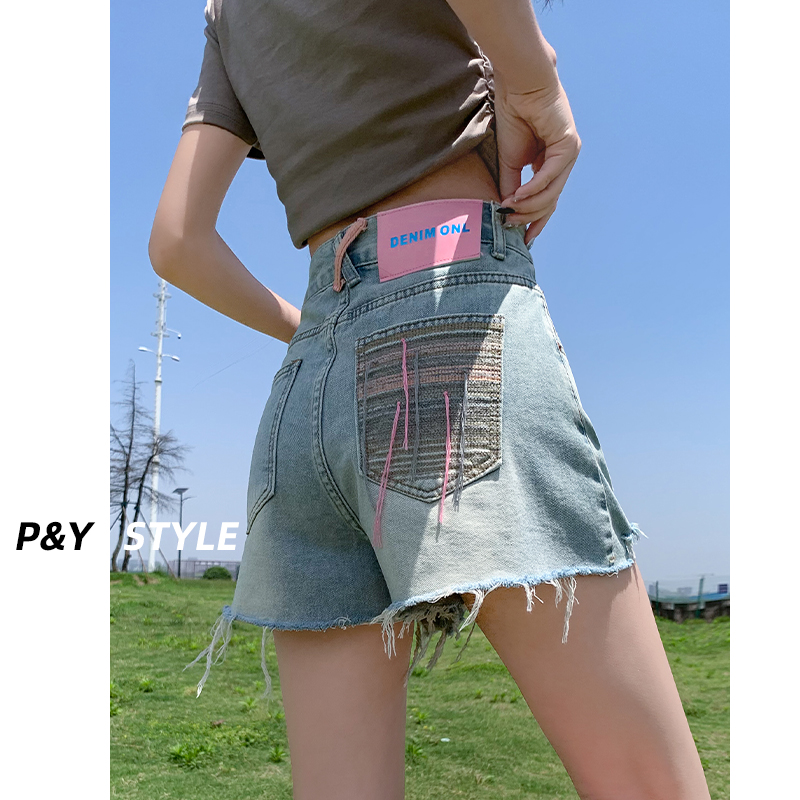 ショートパンツ 裾ほつれ加工デニムショートパンツ