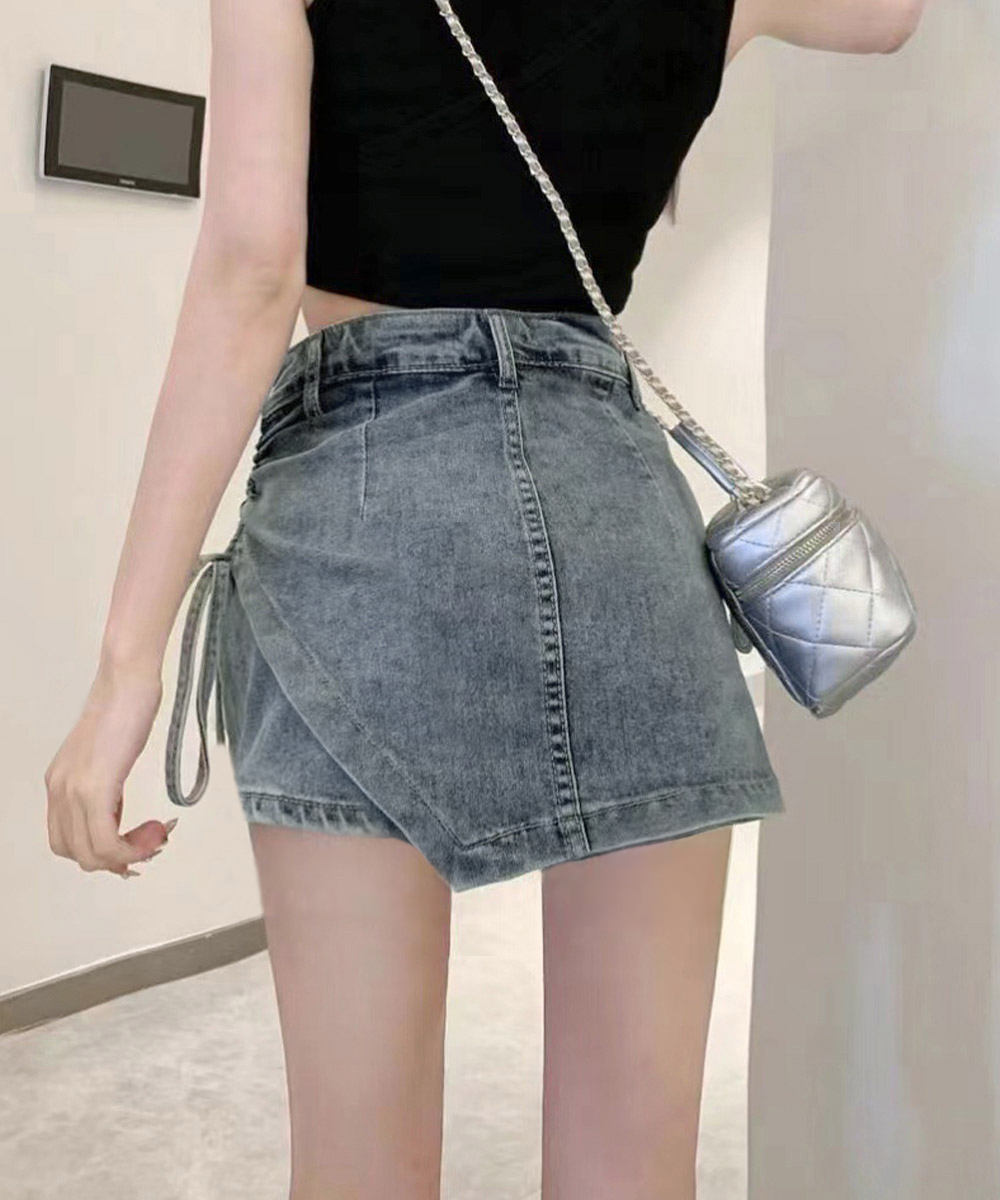 ショートパンツ レディース サイドリボン スカート風デニムショーパン
