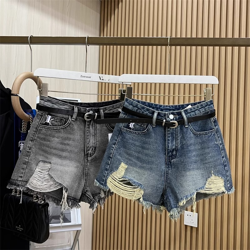 ショートパンツダメージ加工裾フリンジデニム