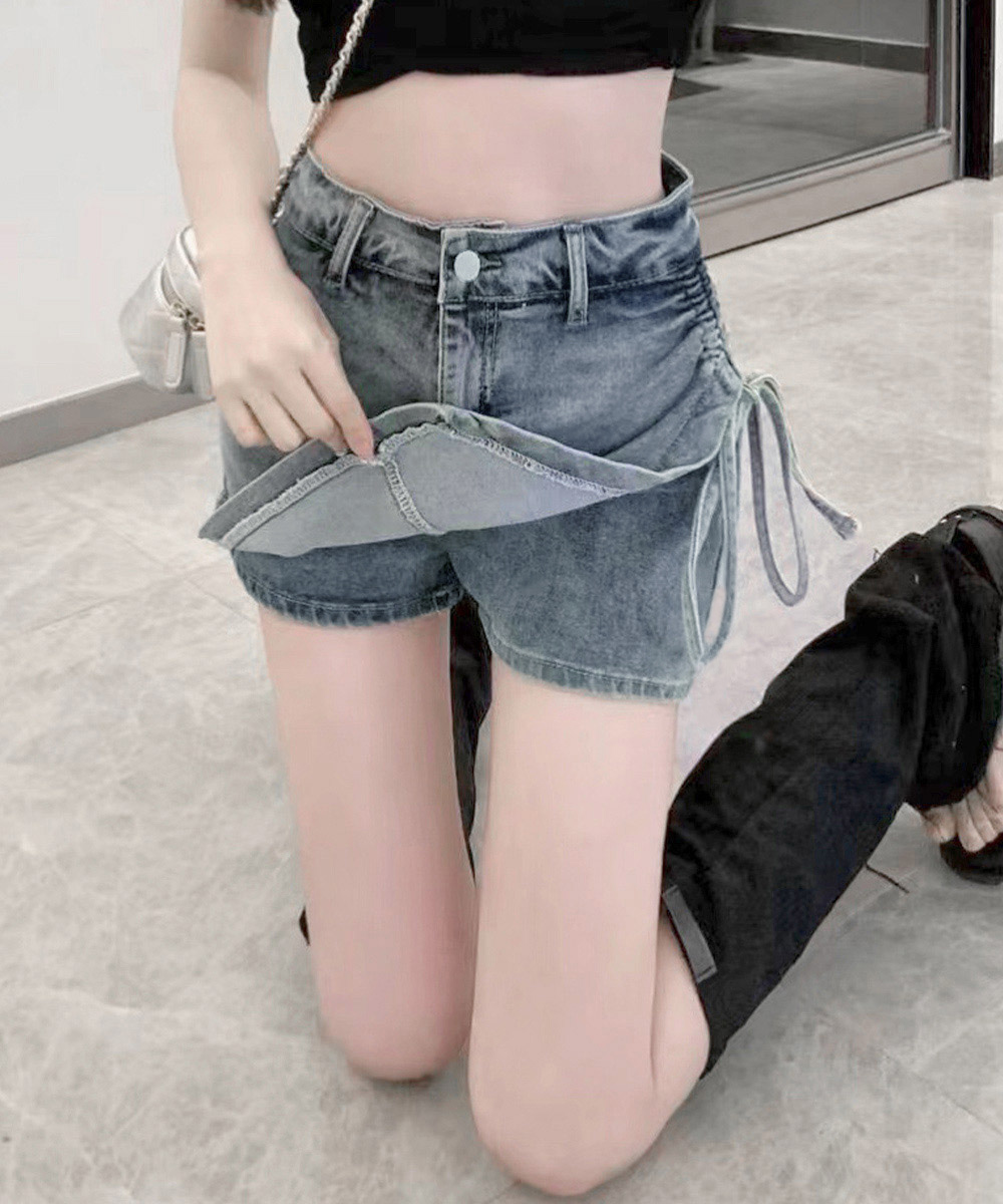 ショートパンツ レディース サイドリボン スカート風デニムショーパン
