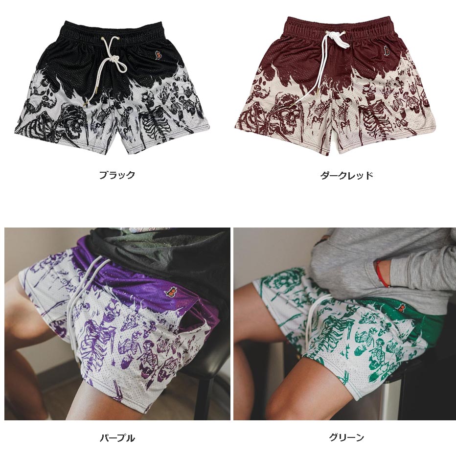 ショートパンツ メンズ 骸骨柄 ワイドショーツ 運動対応 全4色