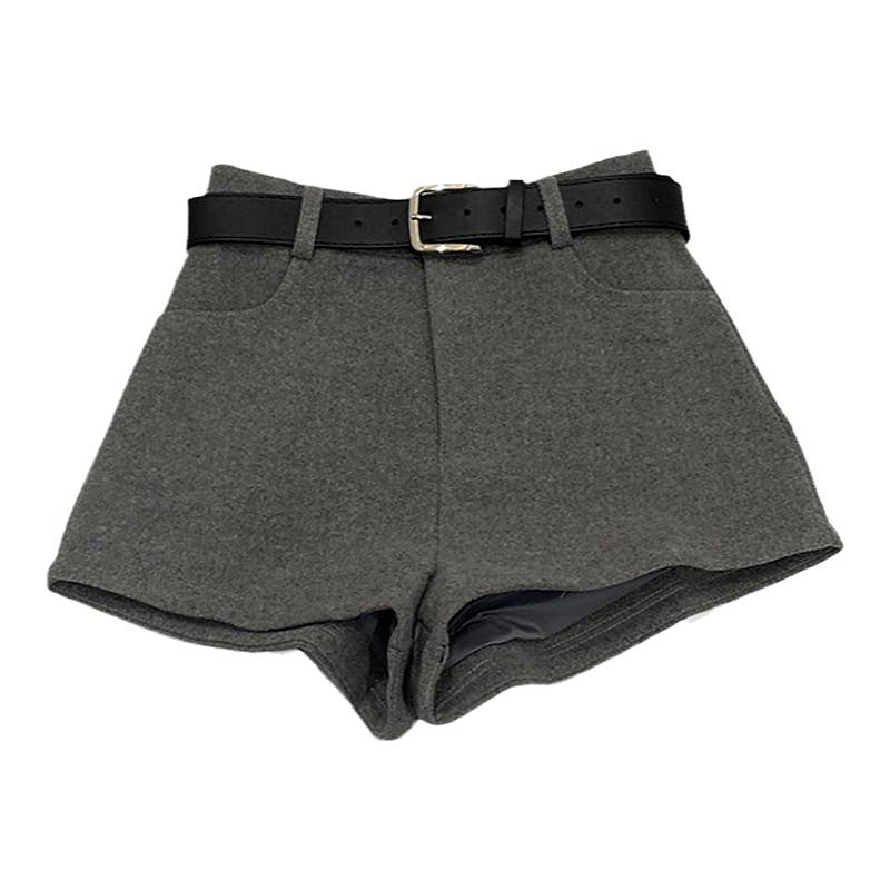 ウール混ベルト付きハイウエストショートパンツ
