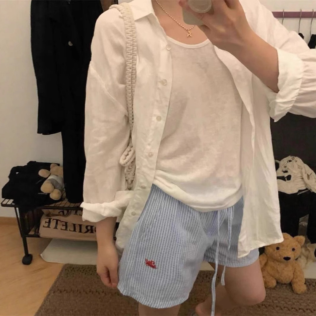 ショートパンツレディース縦縞柄刺繍入りゴム紐ウエスト